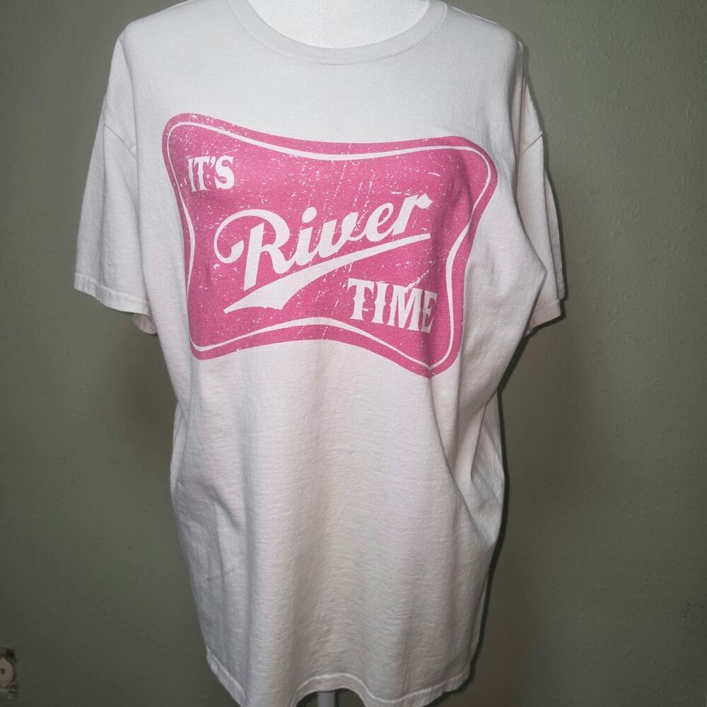 Gildan Large Its River Time Pink Graphic T-Shirt White Tee